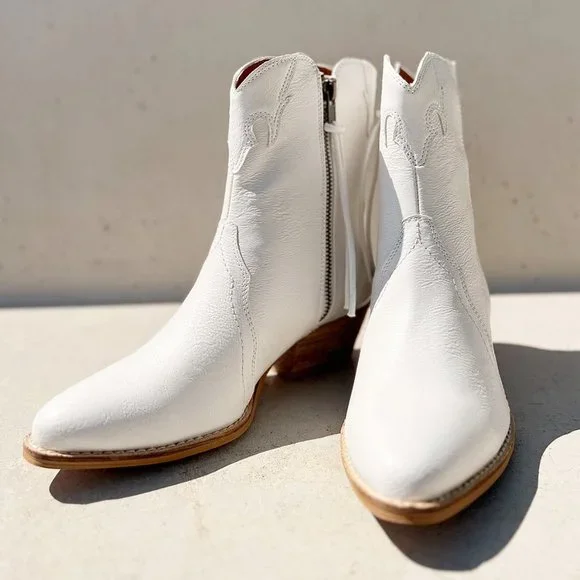 NEW Pointy Toe Stack Block Heel Zip Up Western Ankle Booties Boots Off White - Picture 14 of 16